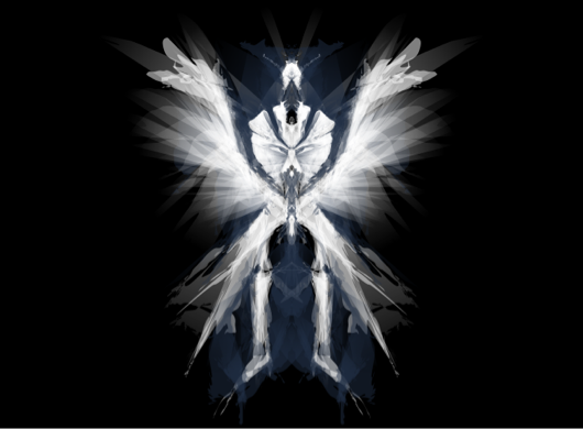 Fantasy character with wings drawn in white on dark background