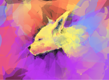 Colorful form of a dog's head predominantly in yellow with pink and purple strokes around it.
