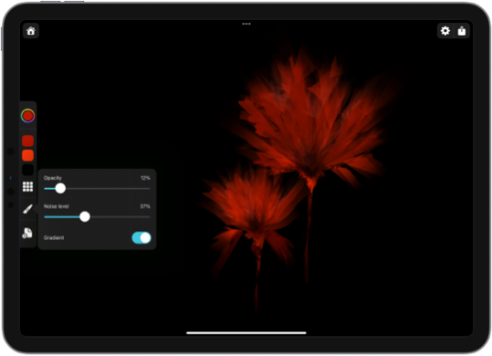 Exsto app screenshot showing a drawing of flowers and the brush settings popover