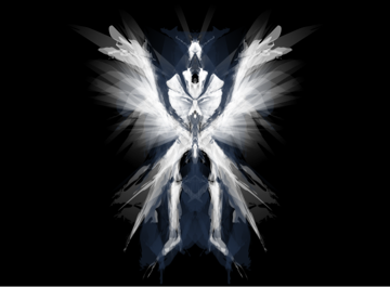 Fantasy character with wings drawn in white on dark background