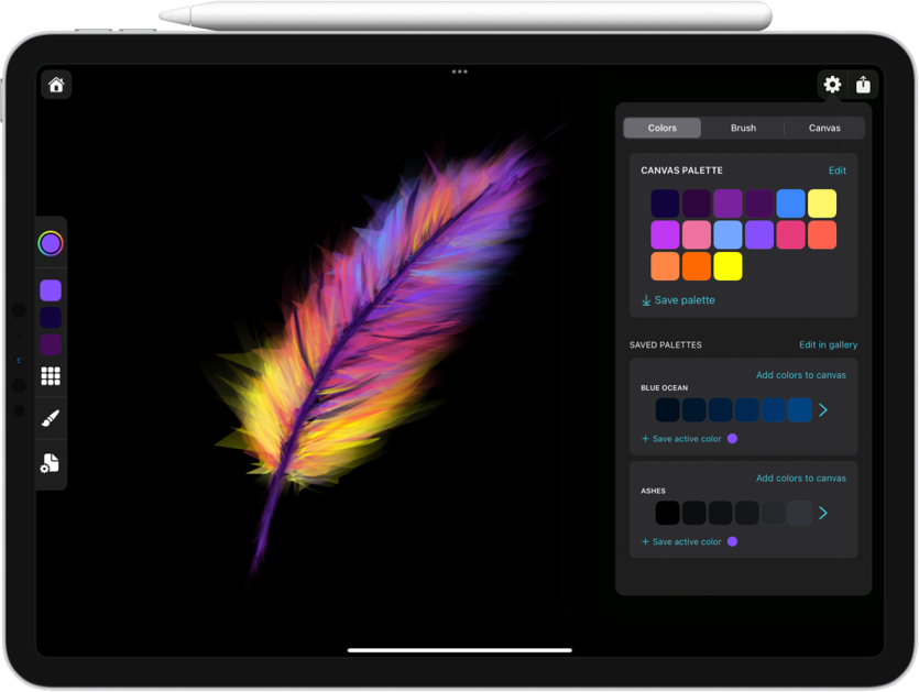 Exsto app screenshot showing a drawing of a colorful feather with the color palette popover open