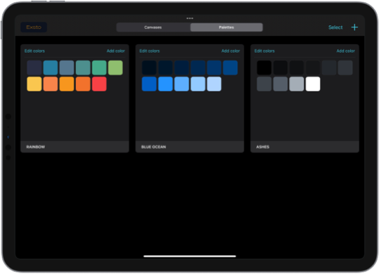 Exsto app screenshot showing the palette gallery view