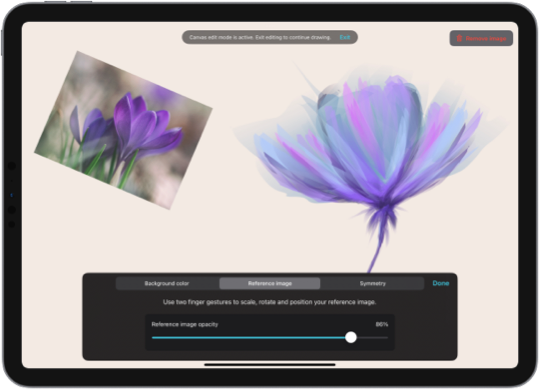 Exsto app screenshot showing a drawing of a flower and an imported reference image