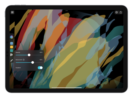 Exsto app screenshot showing abstract strokes with the brush settings popover open.