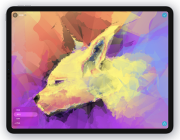 Exsto on iPad showing a colorful dog concept and artwork export options.