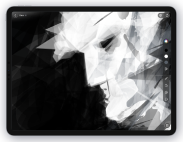 Exsto on iPad showing an abstract black and white face concept.