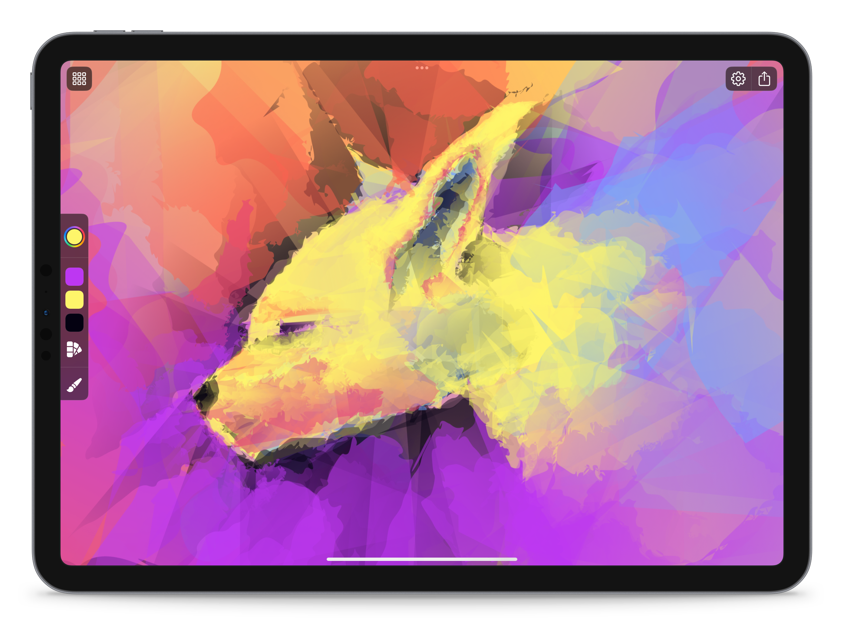 An iPad in landscape with a colorful form of a dog's head predominantly in yellow with pink and purple strokes around it.