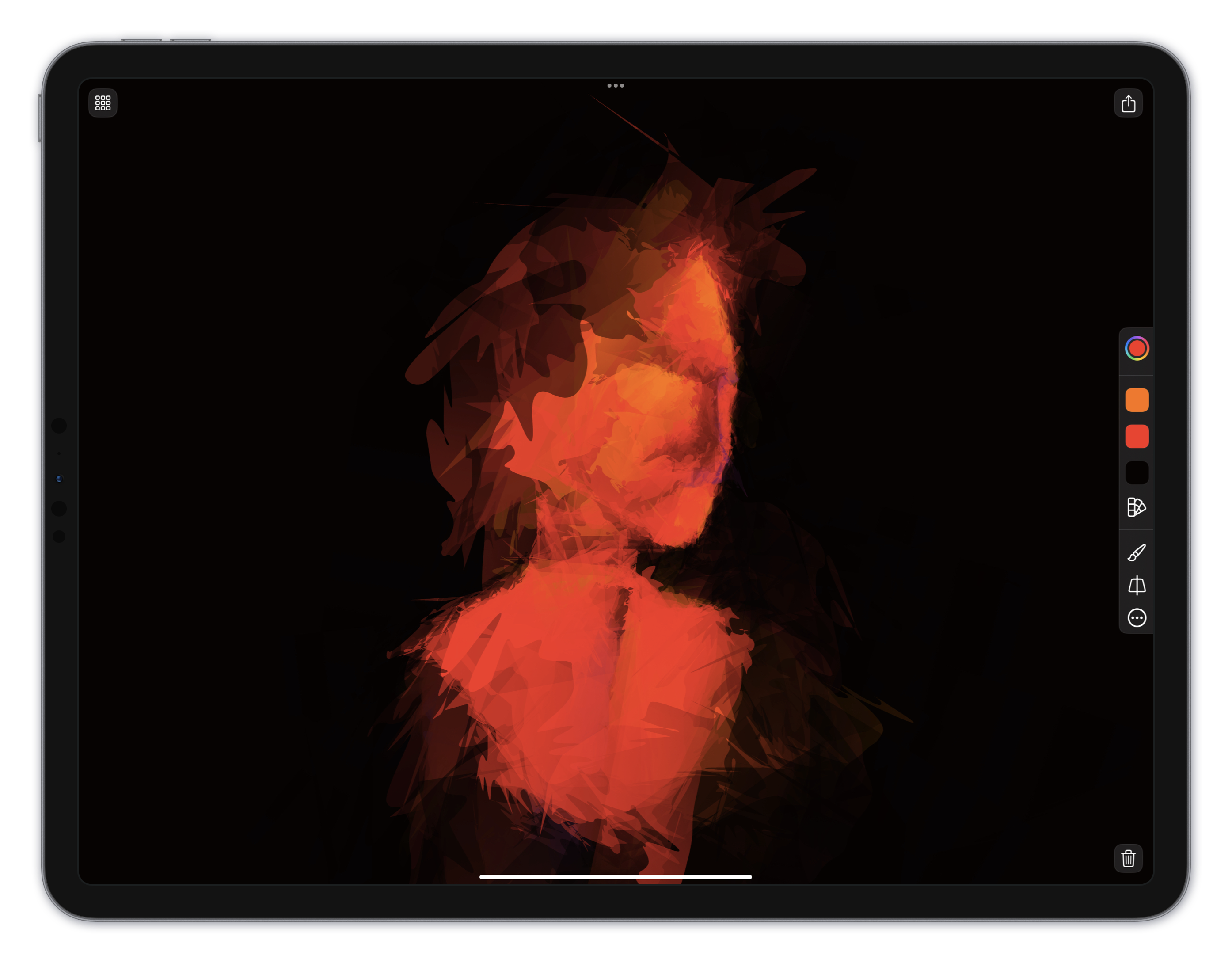 An iPad in landscape with an abstract red bust on dark background