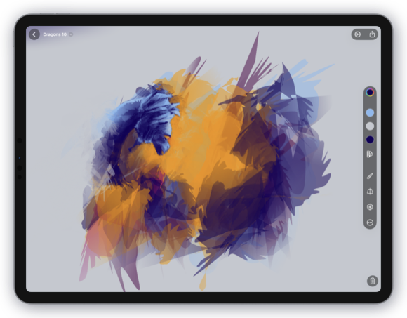 Exsto on iPad showing a colorful dragon concept created with expressive strokes.