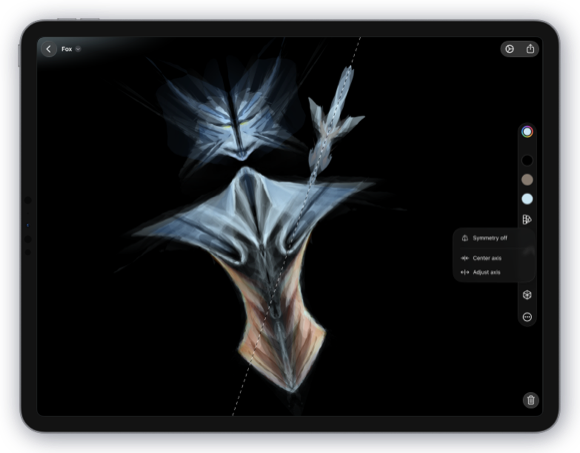 Exsto on iPad showing a creature concept and a rotated symmetry guide.