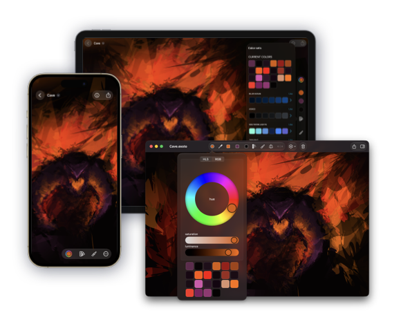 The same Exsto concept open as an editable document on iPhone, iPad, and Mac.