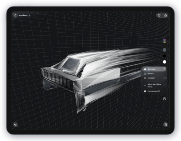 Exsto on iPad showing a vehicle concept drawn over a three-point perspective grid.