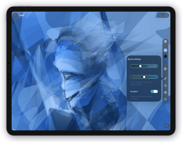 Exsto on iPad showing an expressive blue portrait and its brush settings.